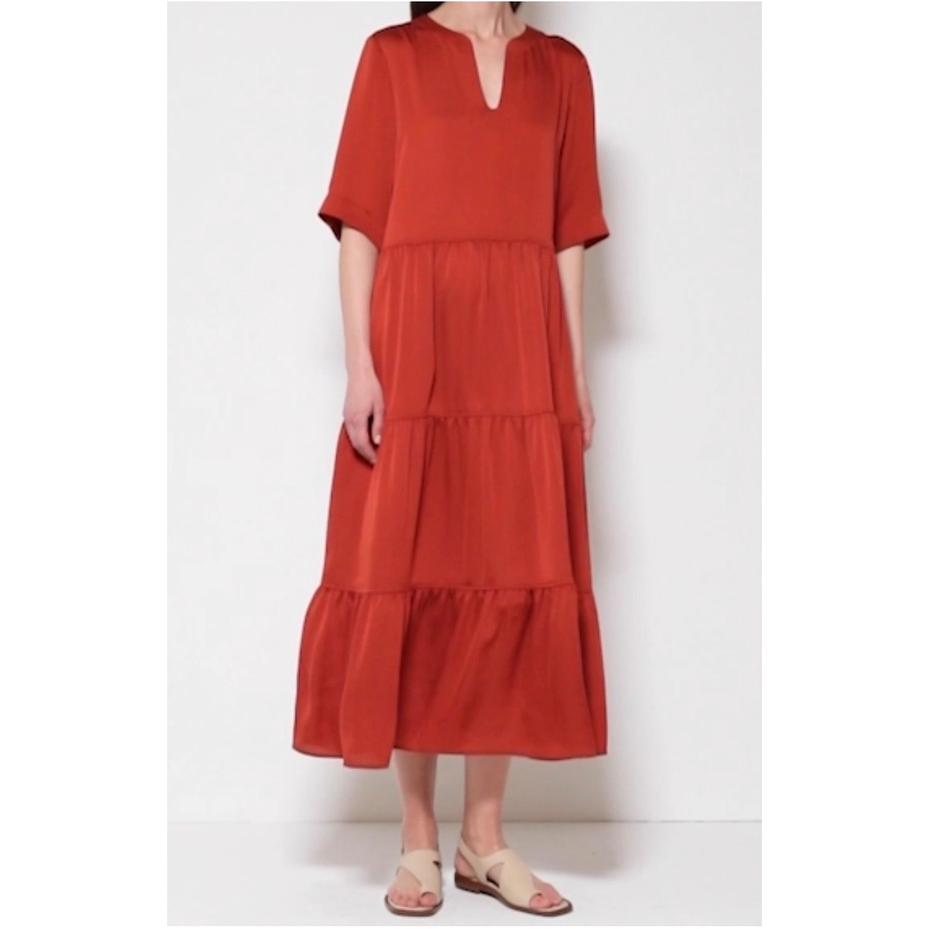 Lafayette 148 Selma Tiered V Neck Midi Dress Womens Medium Chili Red Rust Satin